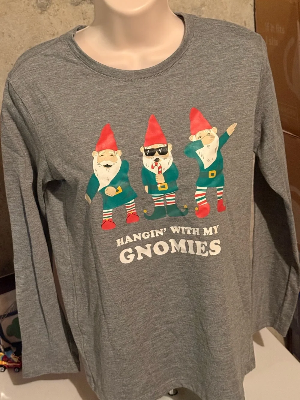 Old Navy Gray Long-Sleeve Gnomes Graphic Top with Red and Green Accents